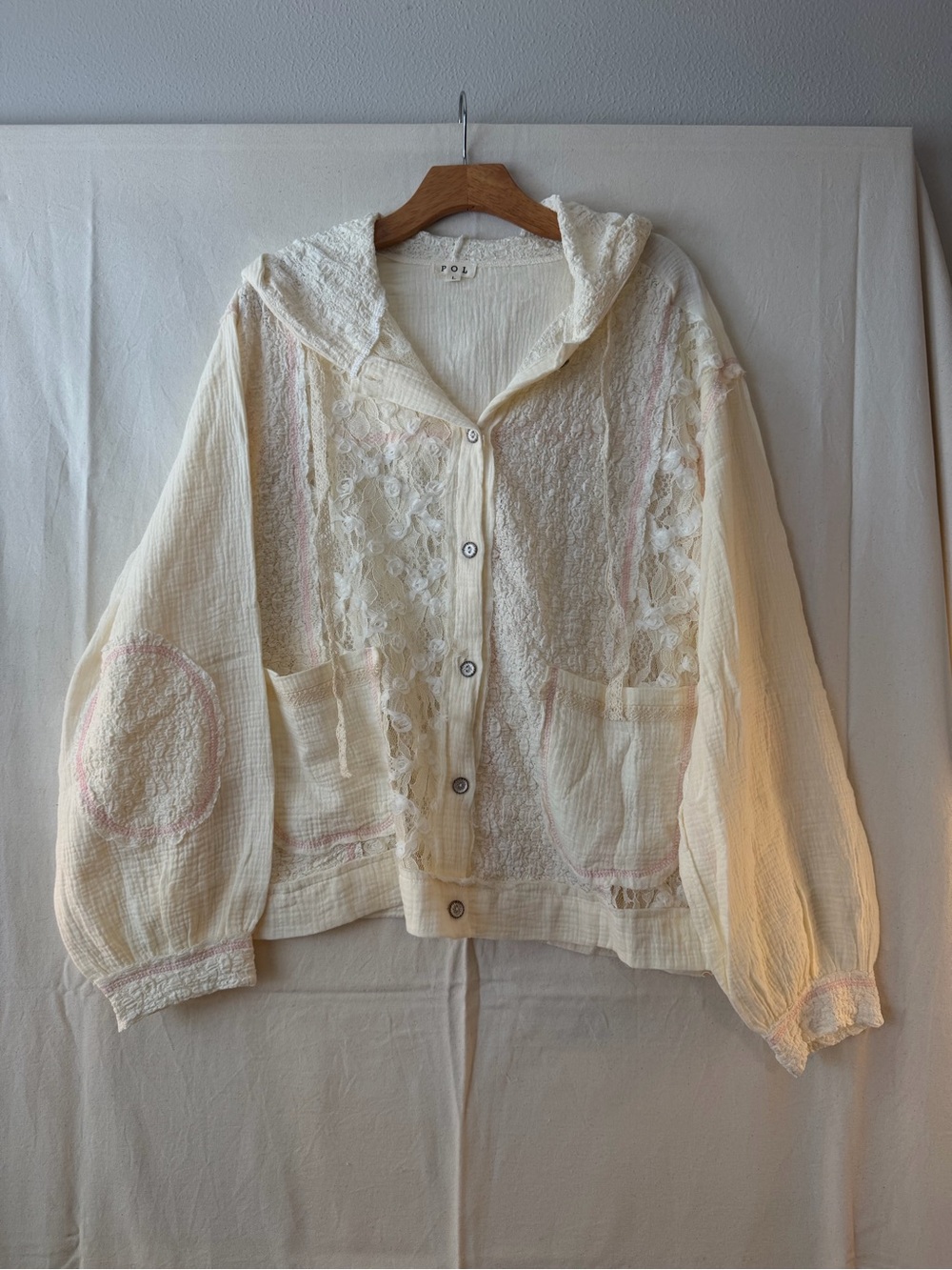 NWOT POL Women's Cream Hooded Button-Front Shirt Jacket Lace Details Shabby Chic